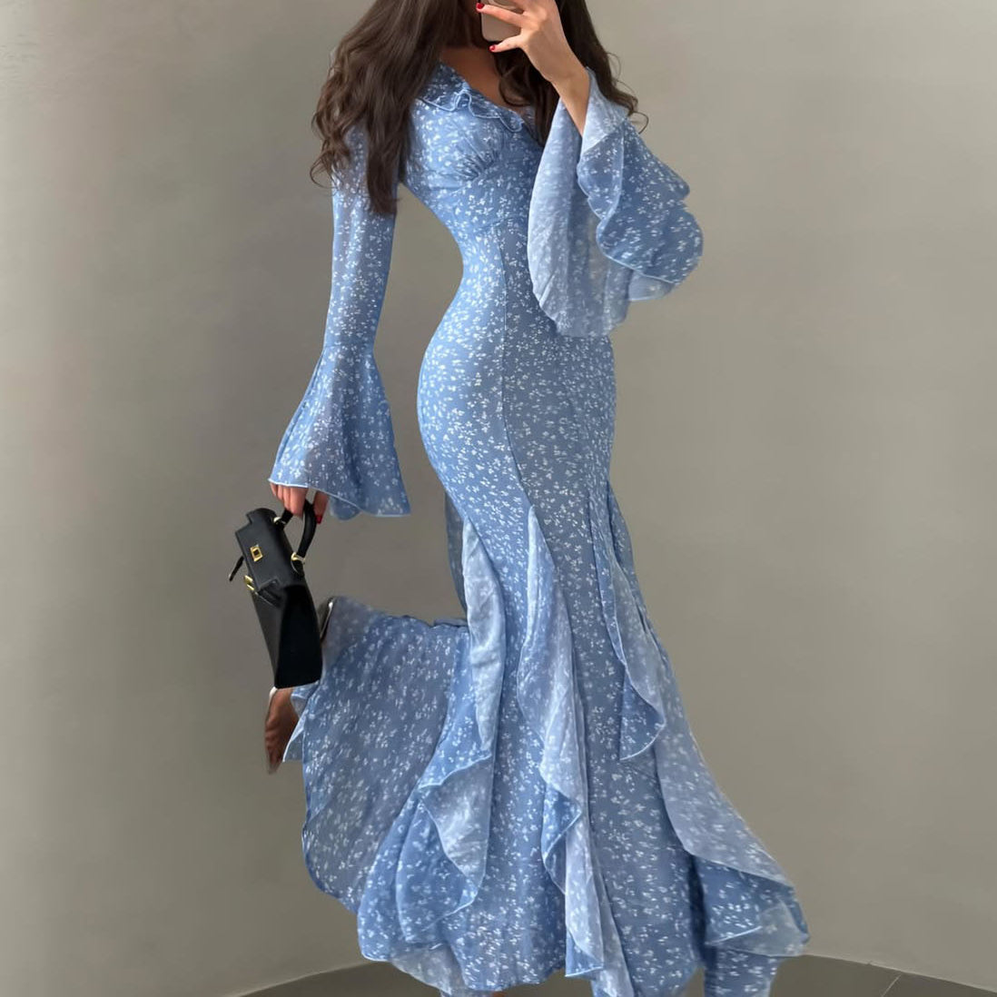 Floral Print Slim-Fit Asymmetric Maxi Dress