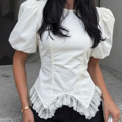 Designer Lace Paneled Puff Sleeve Top