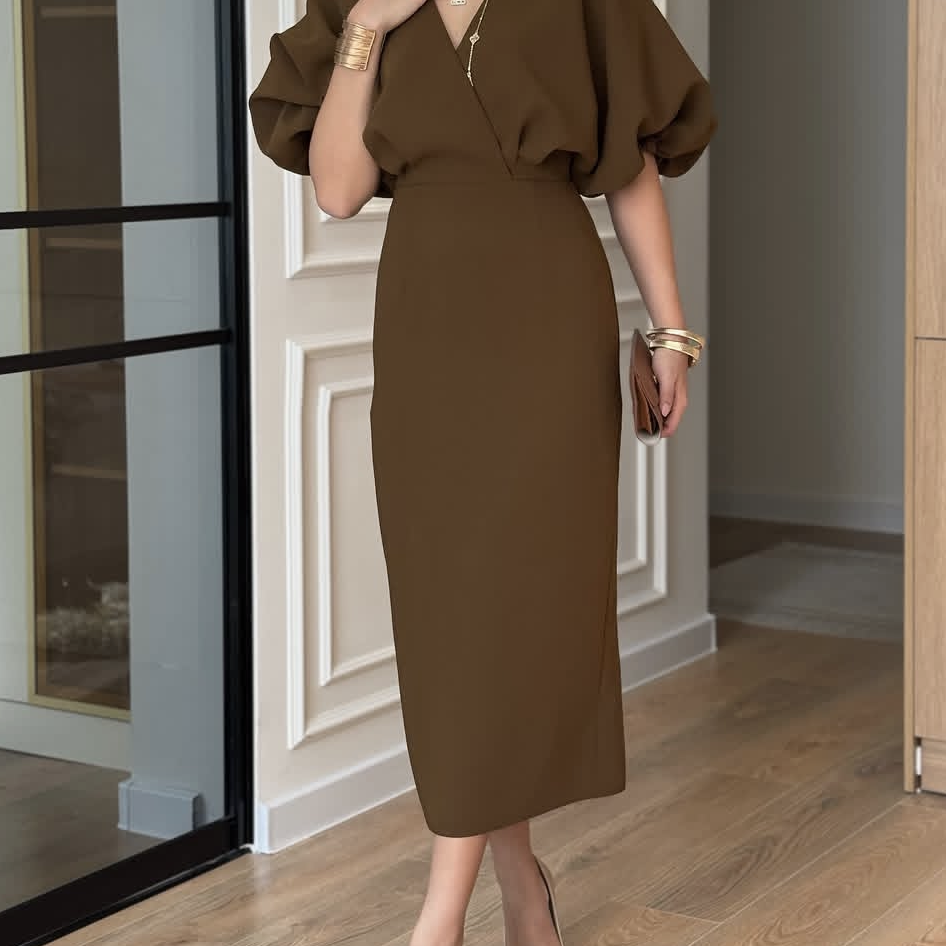 Puff Sleeve Waist-Defining Midi Dress