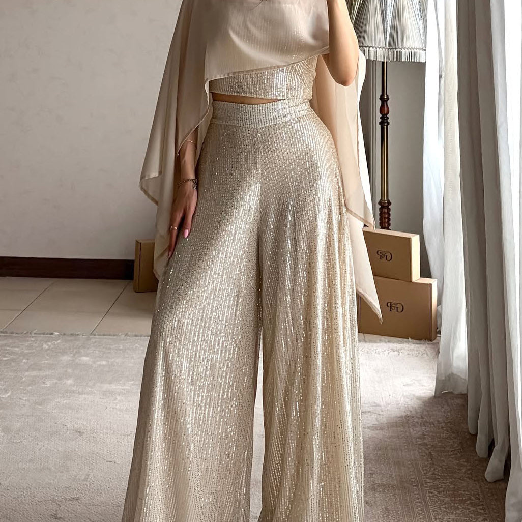 Sequin Pants Set with Cape – Three-Piece Set