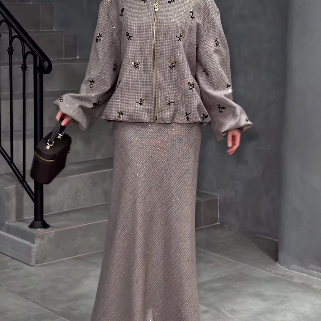Embroidered Casual Jacket & Elegant Skirt Set