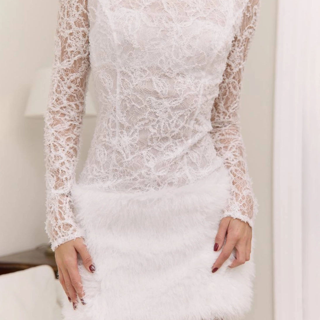 Lace & Faux-Fur Paneled Mini Dress