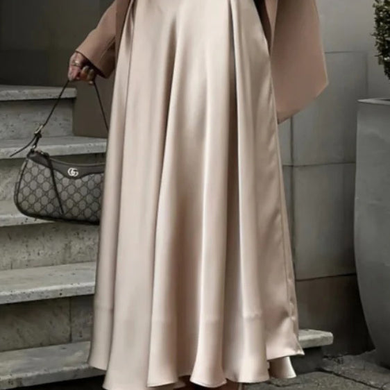 Satin Pleated A-line Flowy Maxi Skirt