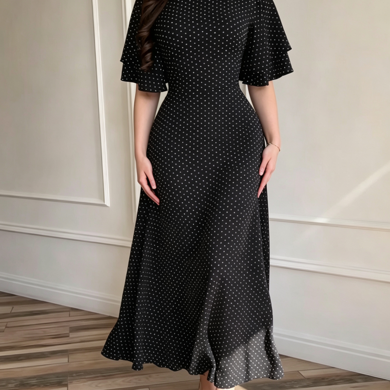 Polka Dot Waist-Defining Maxi Dress