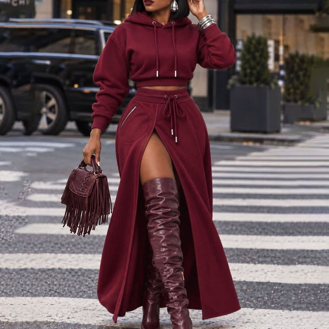 Casual High-Slit Two-Piece Skirt Set