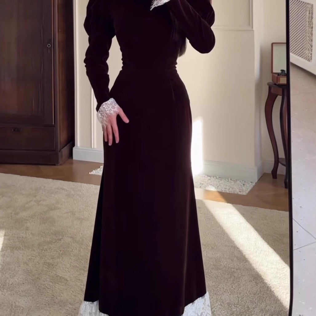 Square-Neck Velvet & Lace-Trimmed Maxi Dress