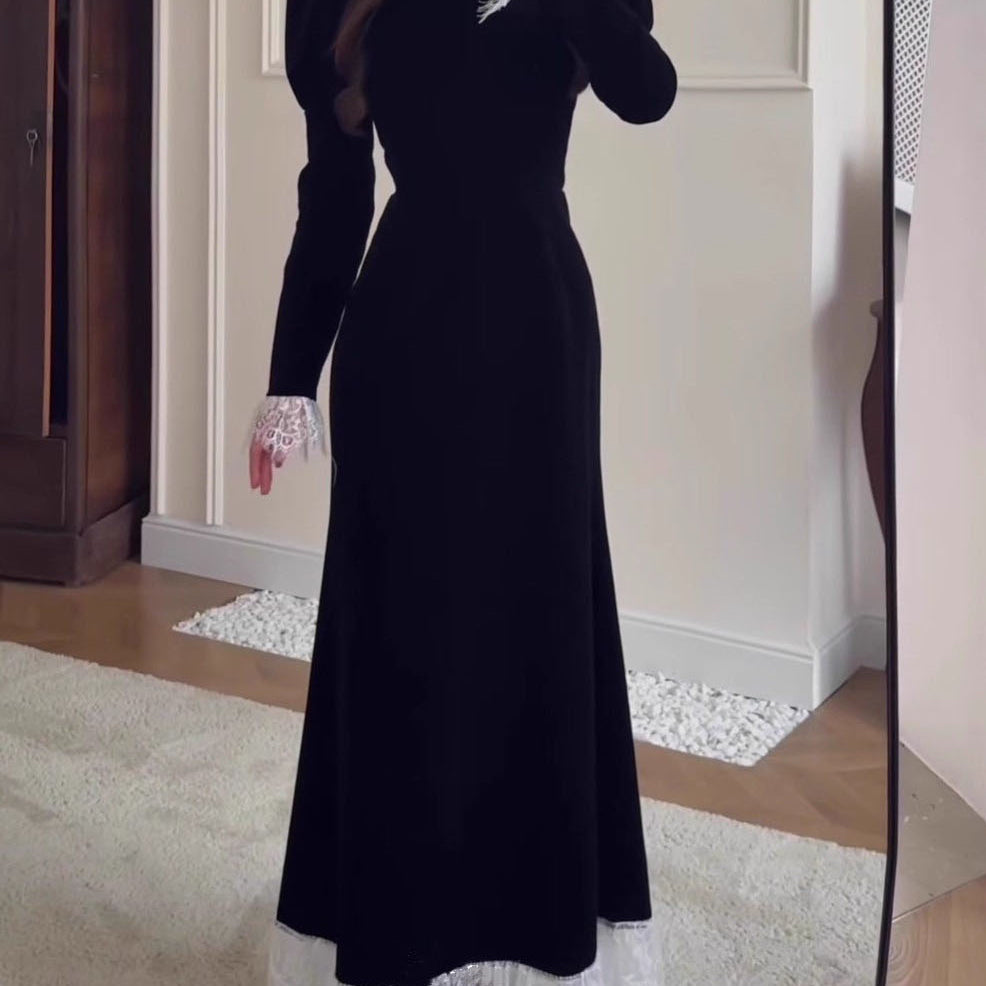 Square-Neck Velvet & Lace-Trimmed Maxi Dress