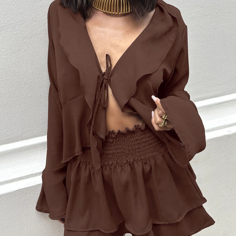 Flounce-Sleeve V-Neck Crop Top & Skirt Set