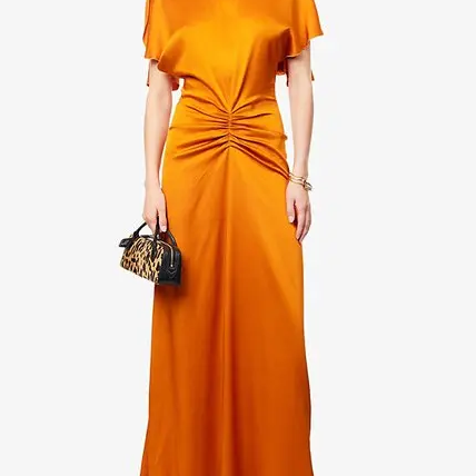 Draped Short Sleeve Satin Maxi Dress