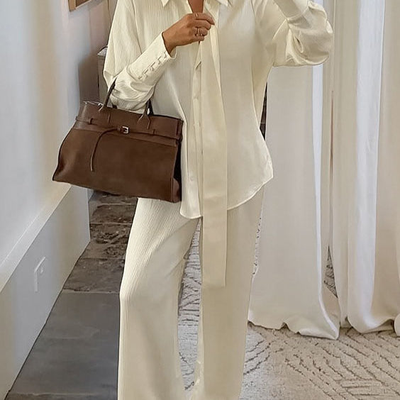 Ribbon-Tie Shirt & Pants Set