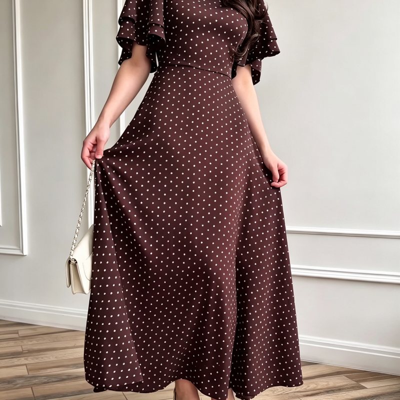 Polka Dot Waist-Defining Maxi Dress