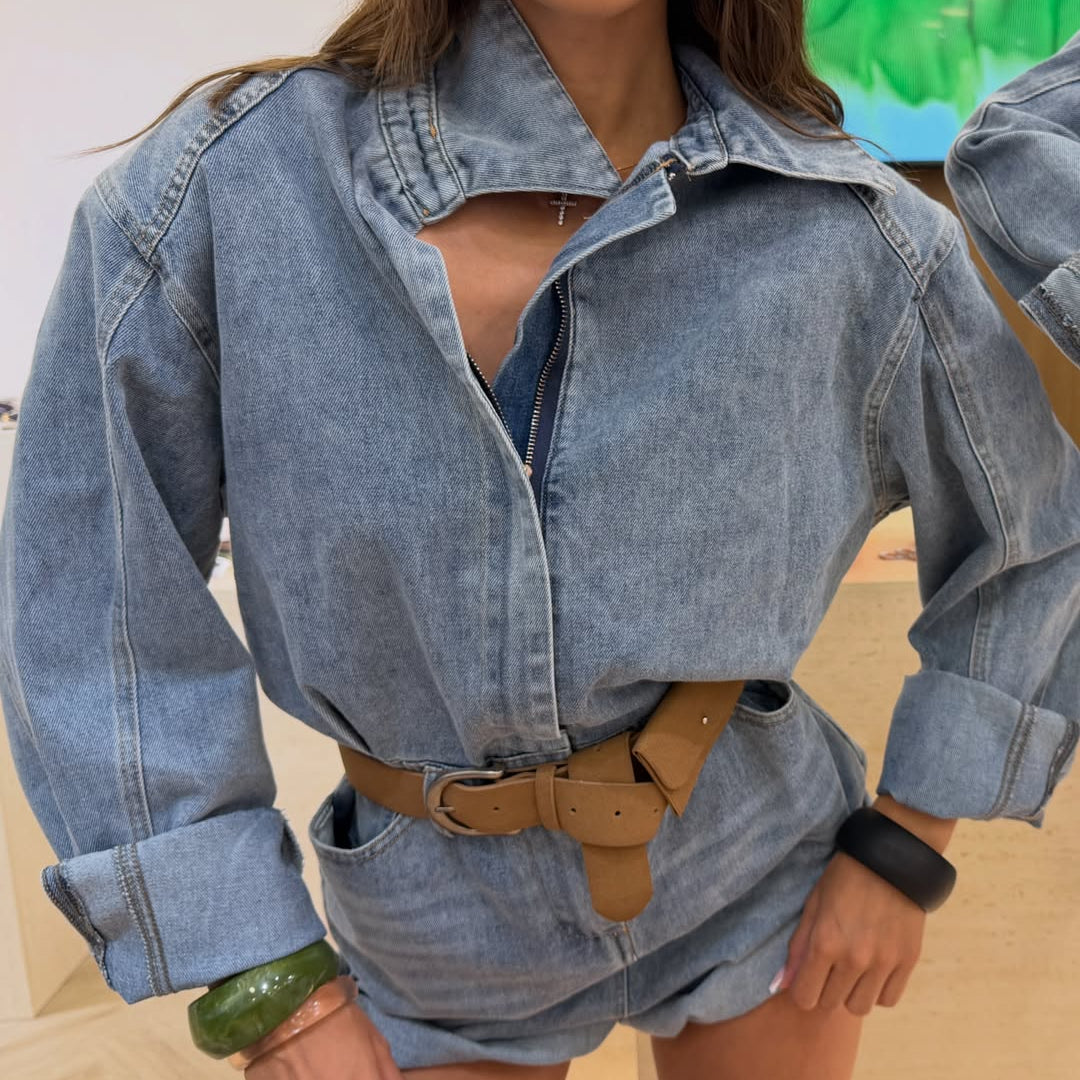 Denim Romper with Belt