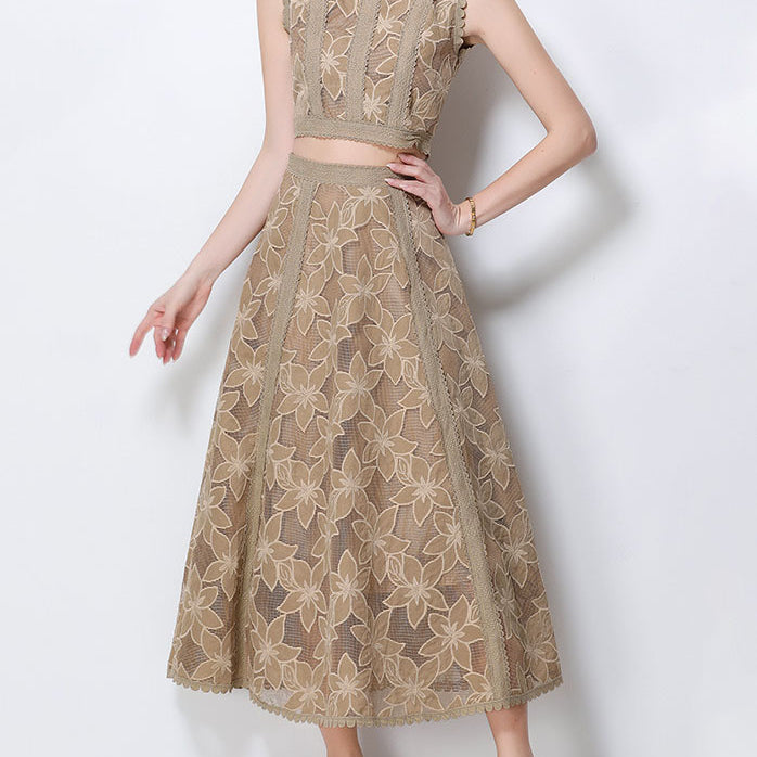 Vintage Lace Embroidered Two-Piece Skirt Set