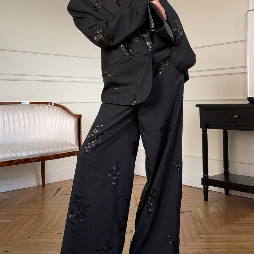 Sequin-Embellished Blazer & Trousers Set