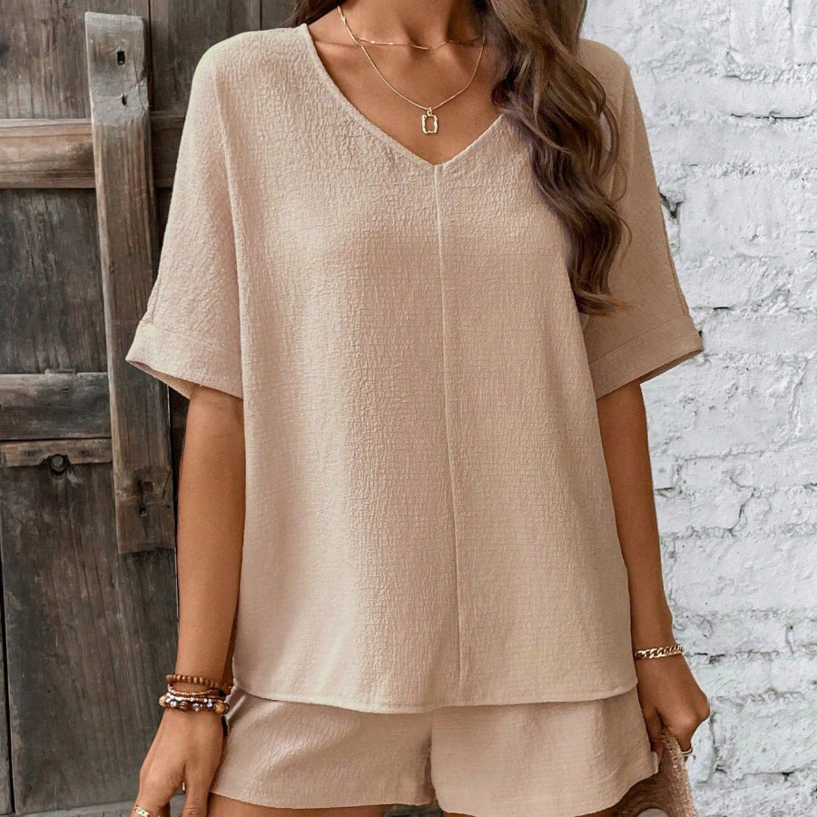 Solid V Neck Half Sleeve Shorts Set