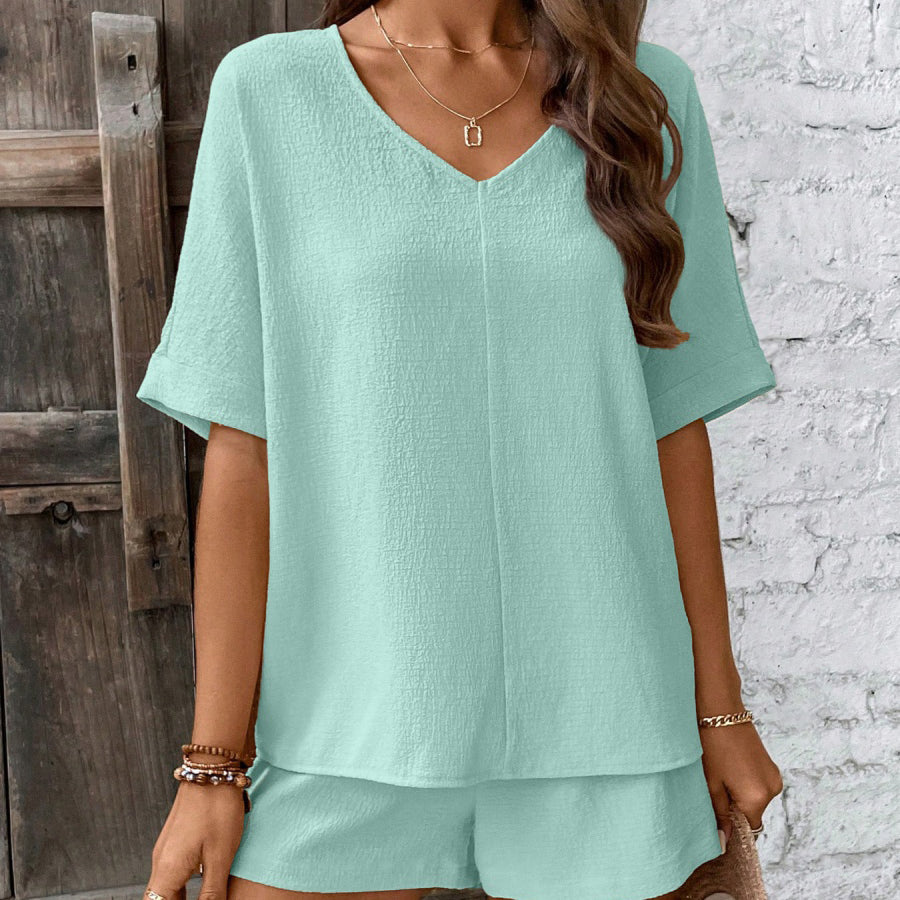 Solid V Neck Half Sleeve Shorts Set