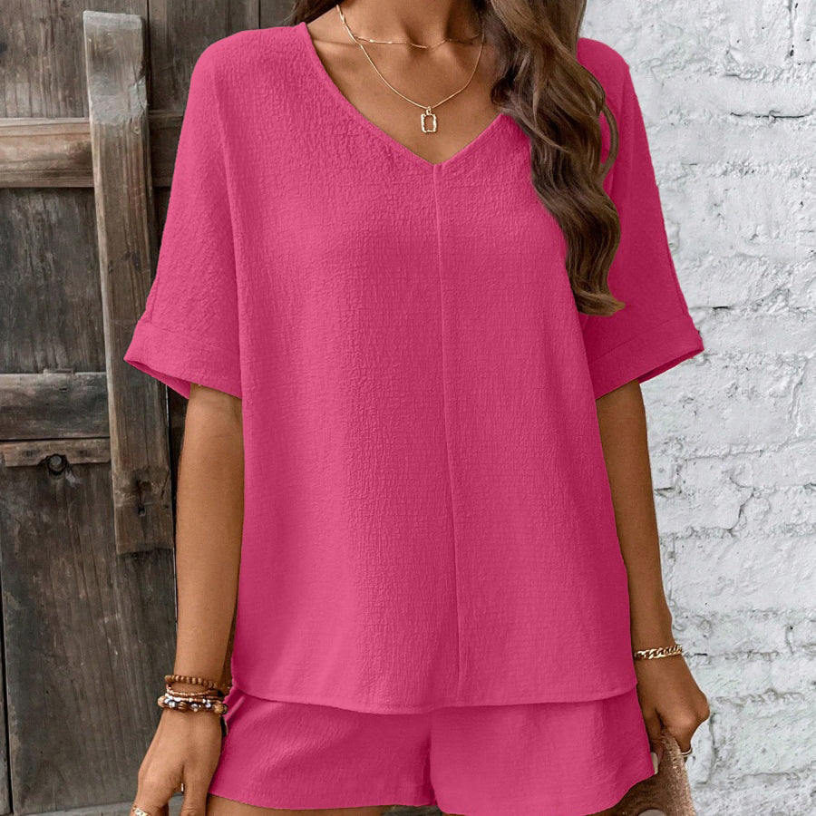 Solid V Neck Half Sleeve Shorts Set
