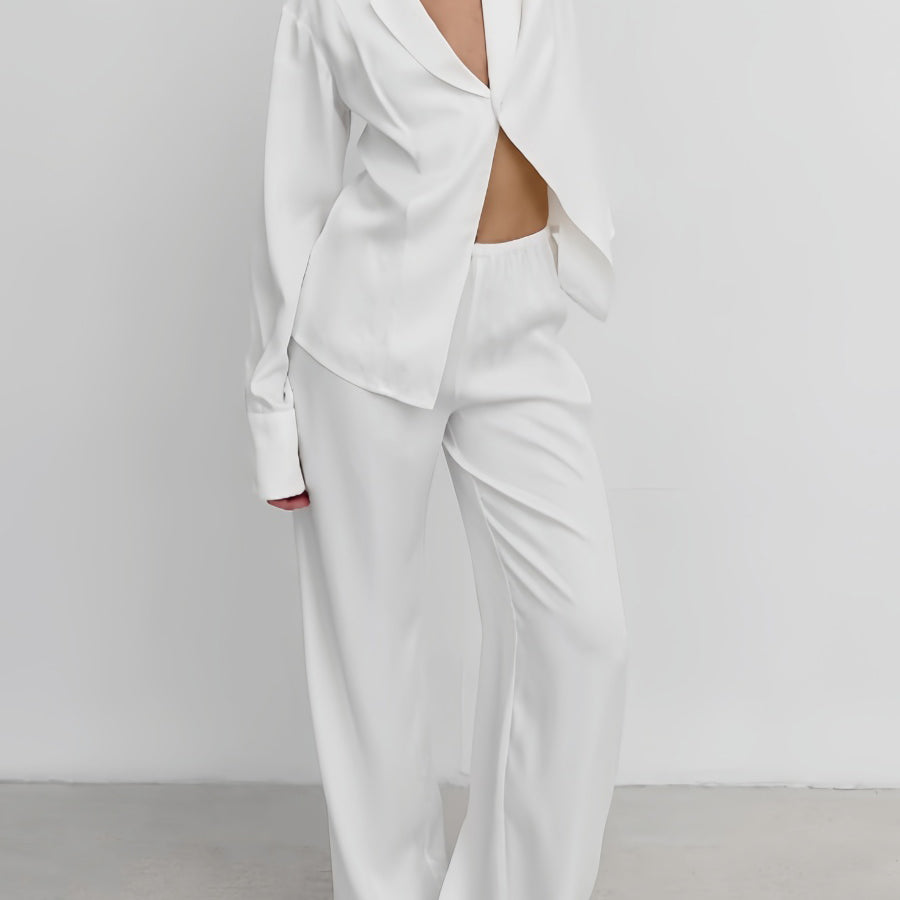 Solid V Neck Wide Leg Pants Set