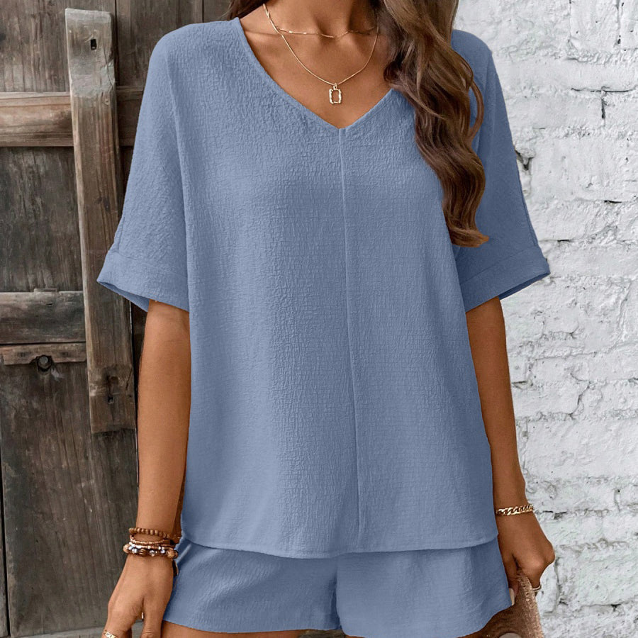 Solid V Neck Half Sleeve Shorts Set