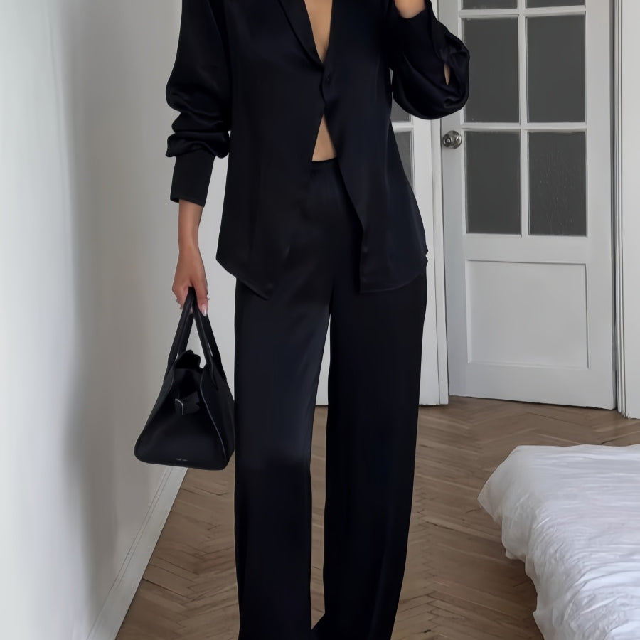 Solid V Neck Wide Leg Pants Set