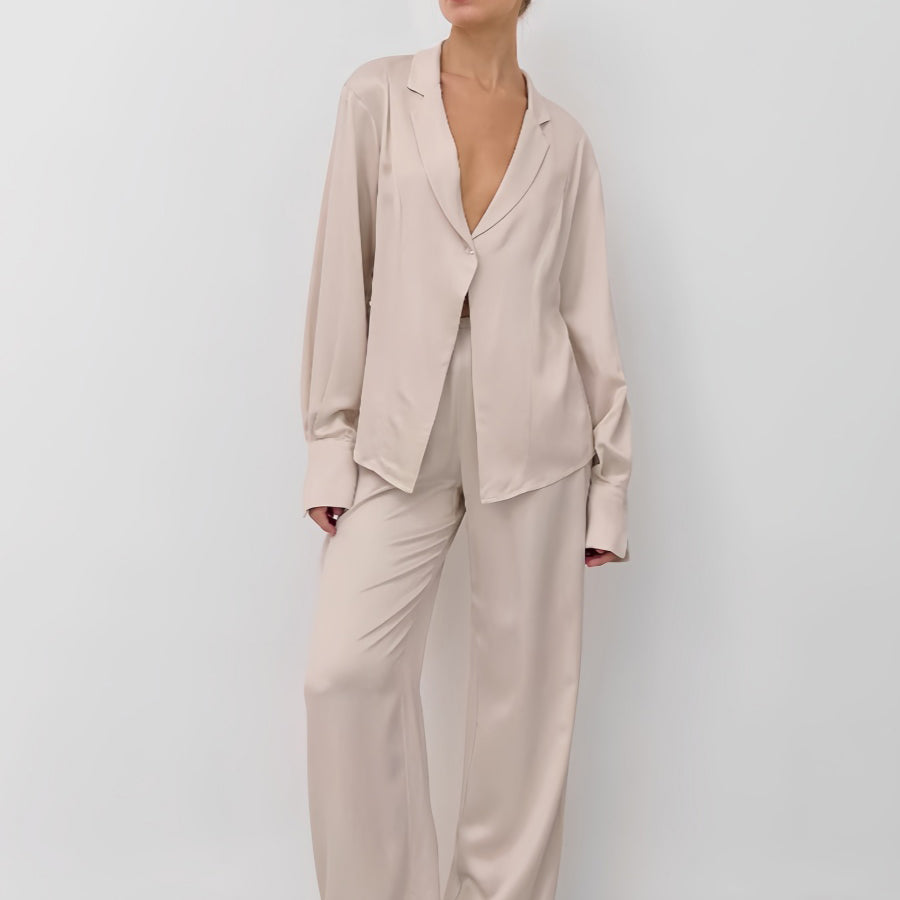 Solid V Neck Wide Leg Pants Set