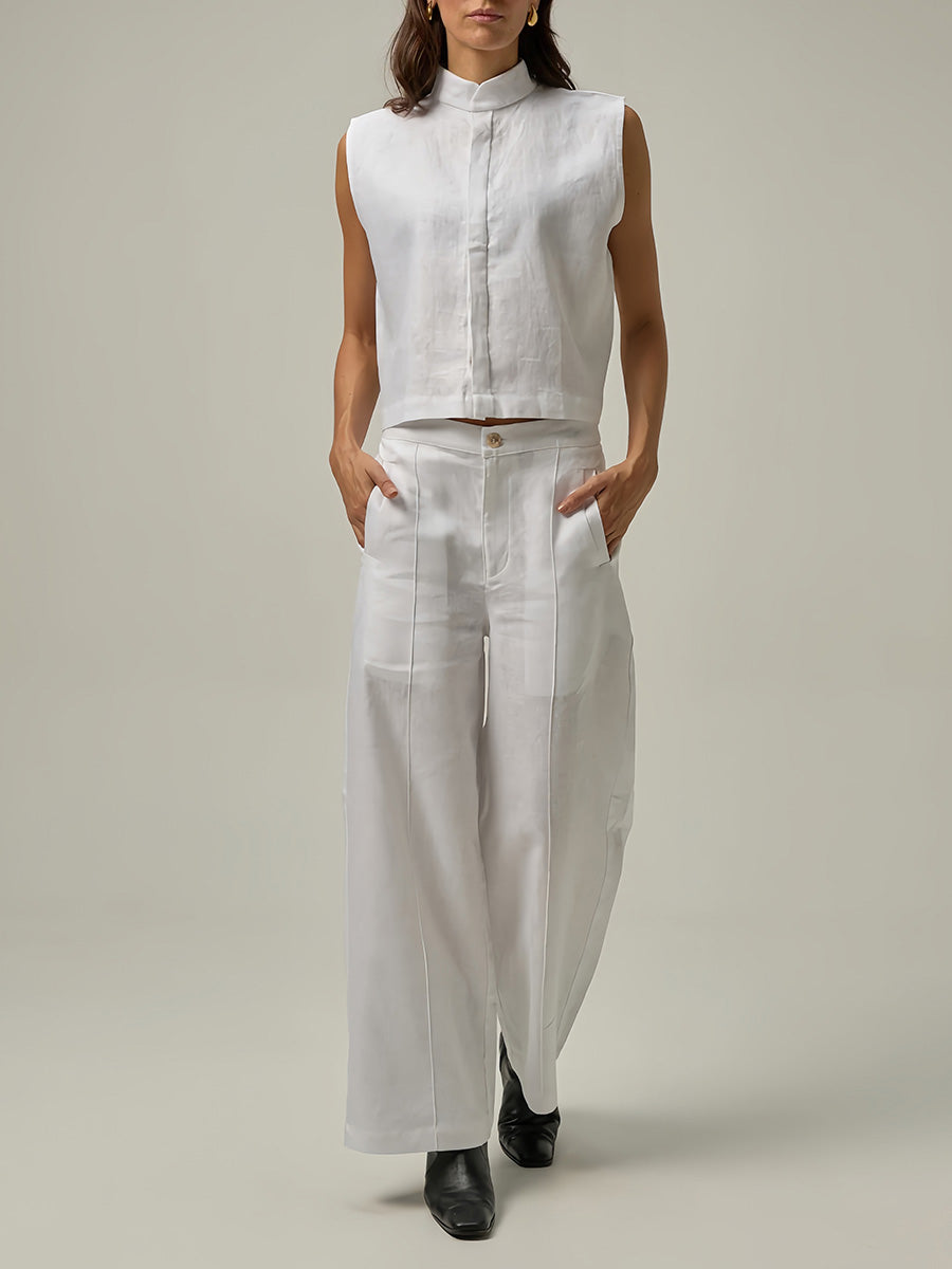 Stand Collar Sleeveless Solid Pants Set