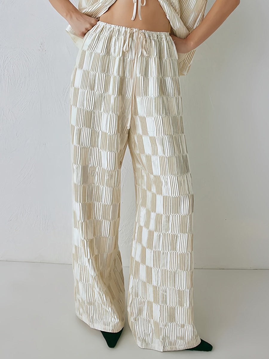 Checkerboard Pleated Wide Leg Pants