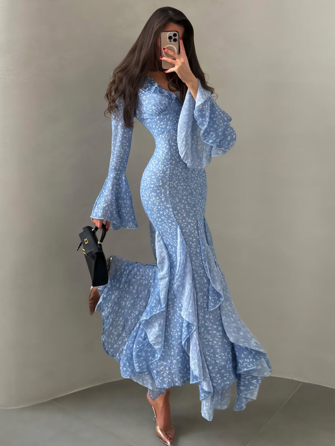 Floral Print Slim-Fit Asymmetric Maxi Dress