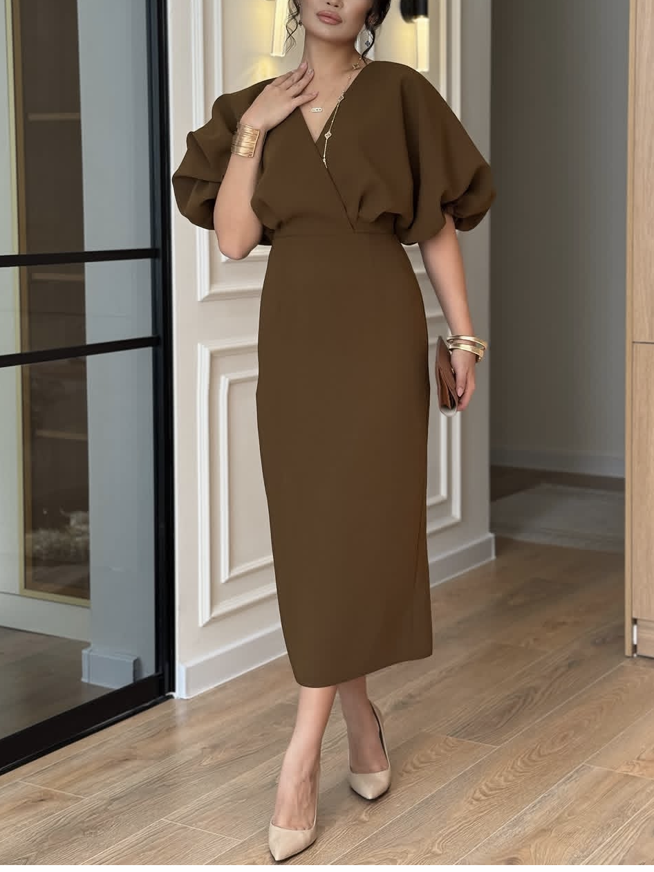 Puff Sleeve Waist-Defining Midi Dress