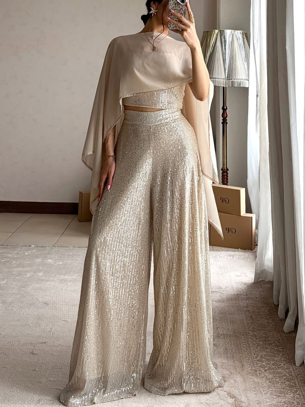 Sequin Pants Set with Cape – Three-Piece Set