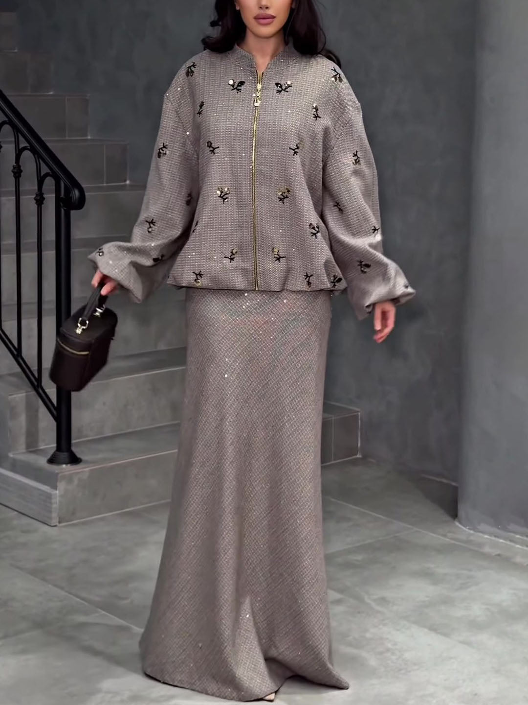 Embroidered Casual Jacket & Elegant Skirt Set