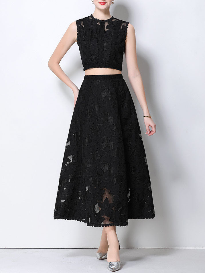 Vintage Lace Embroidered Two-Piece Skirt Set