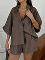 Brown Turndown Button Shorts Set