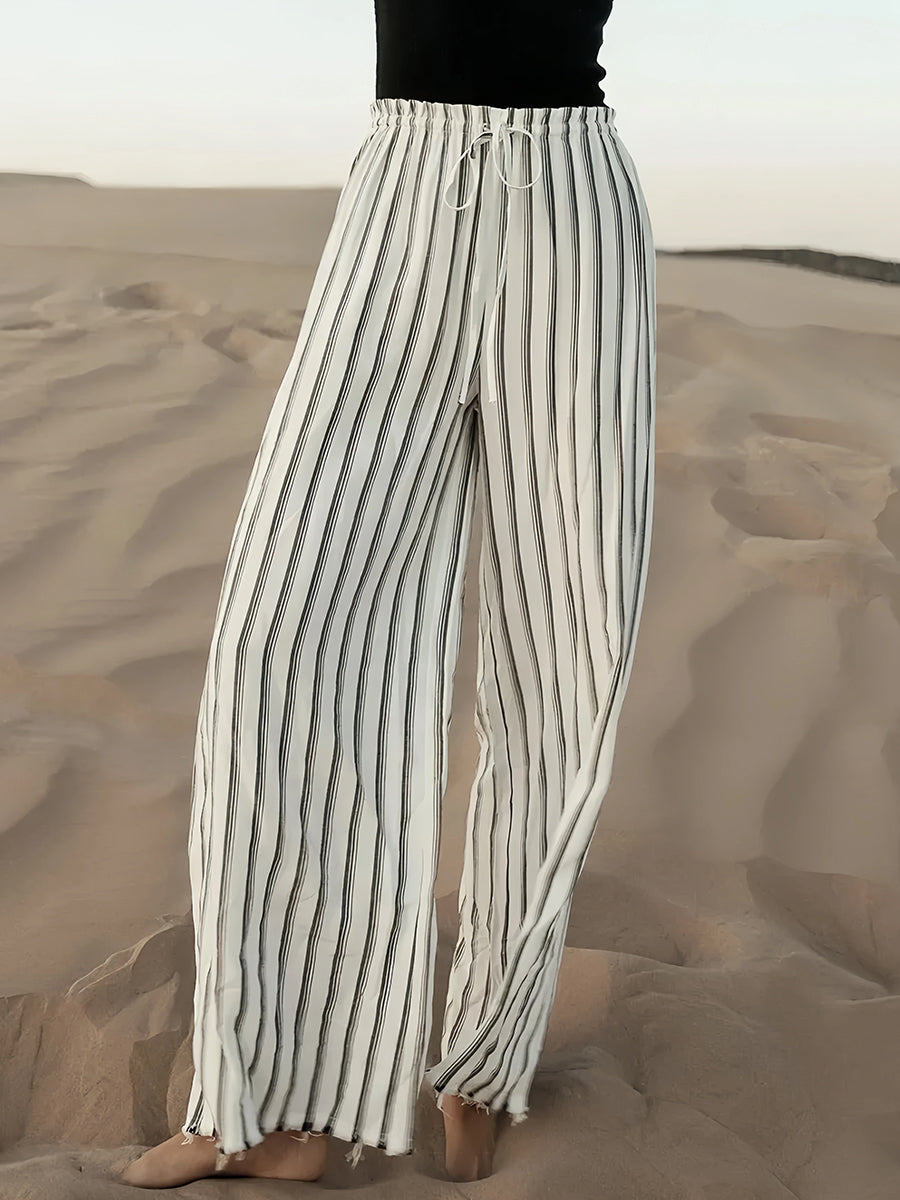 Cotton Striped Fringe Hem Wide Leg Pants