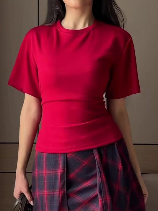 Solid Color Tie-Waist Slimming Casual T-Shirt