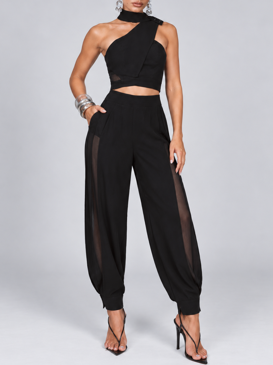 Black One-Shoulder Top & Jogger Set