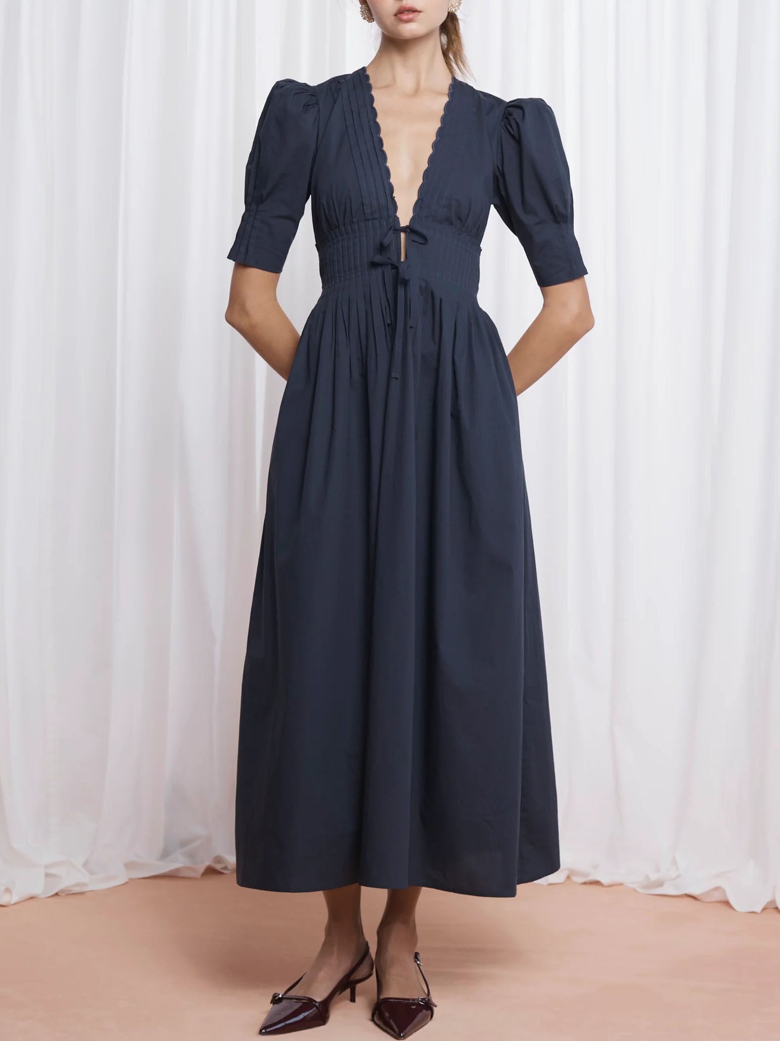 Puff Sleeve Waist-Defining Maxi Dress
