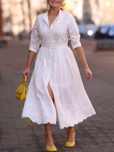 Embroidered Waist-Cinched Slit Midi Dress