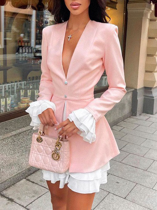 Blazer V-Neck Buttoned Short Dress