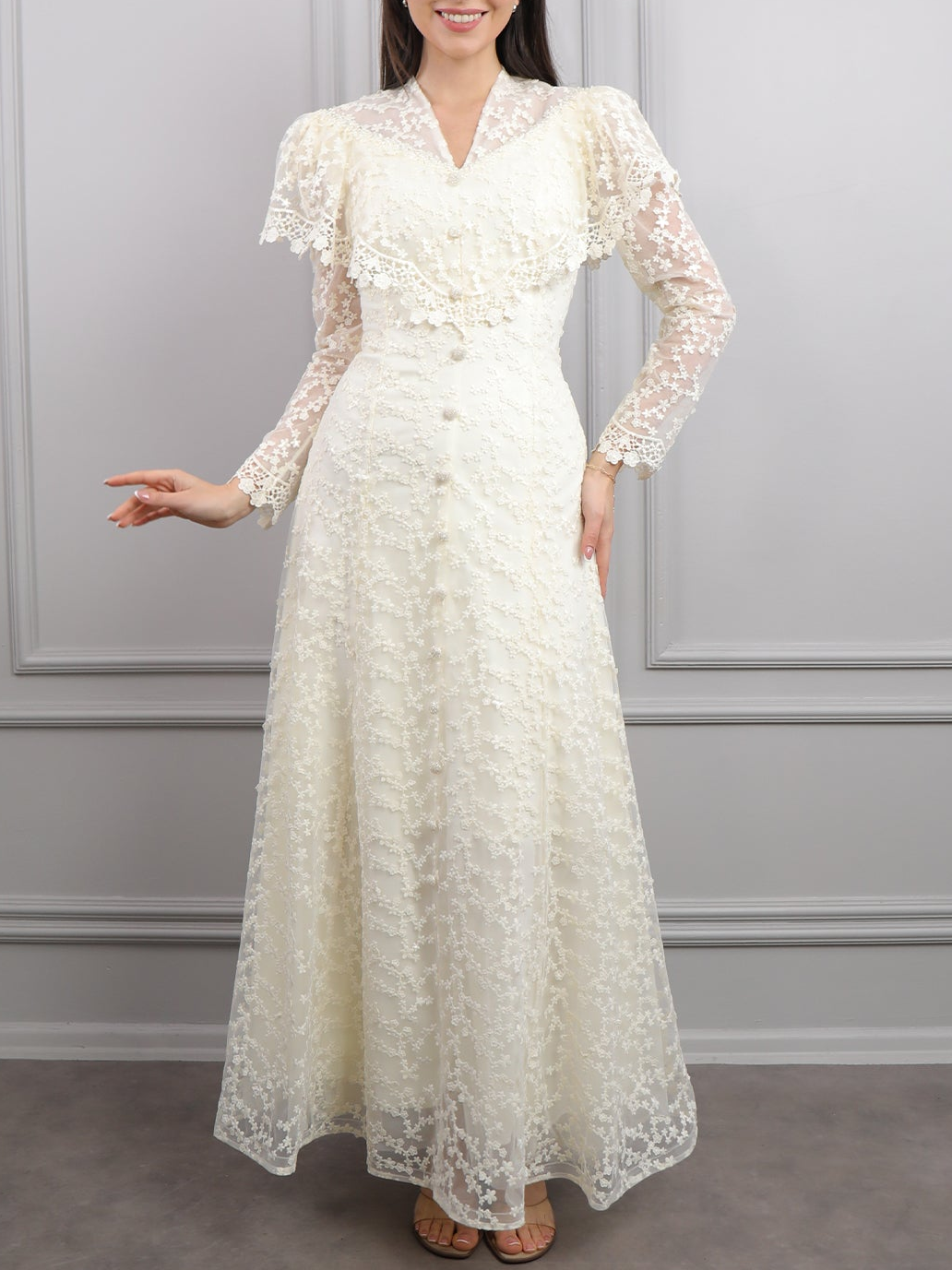 Elegant Embroidered Waist-Defining Maxi Dress