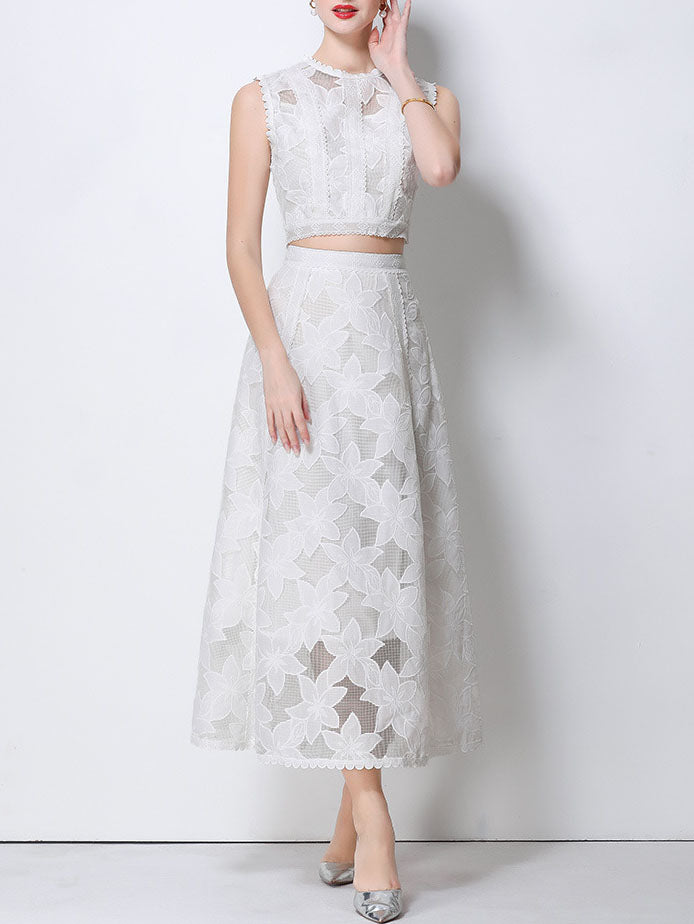 Vintage Lace Embroidered Two-Piece Skirt Set