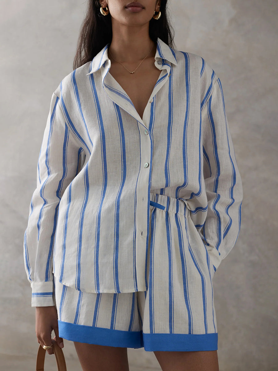 Strip Print Button Long Sleeve Shorts Set