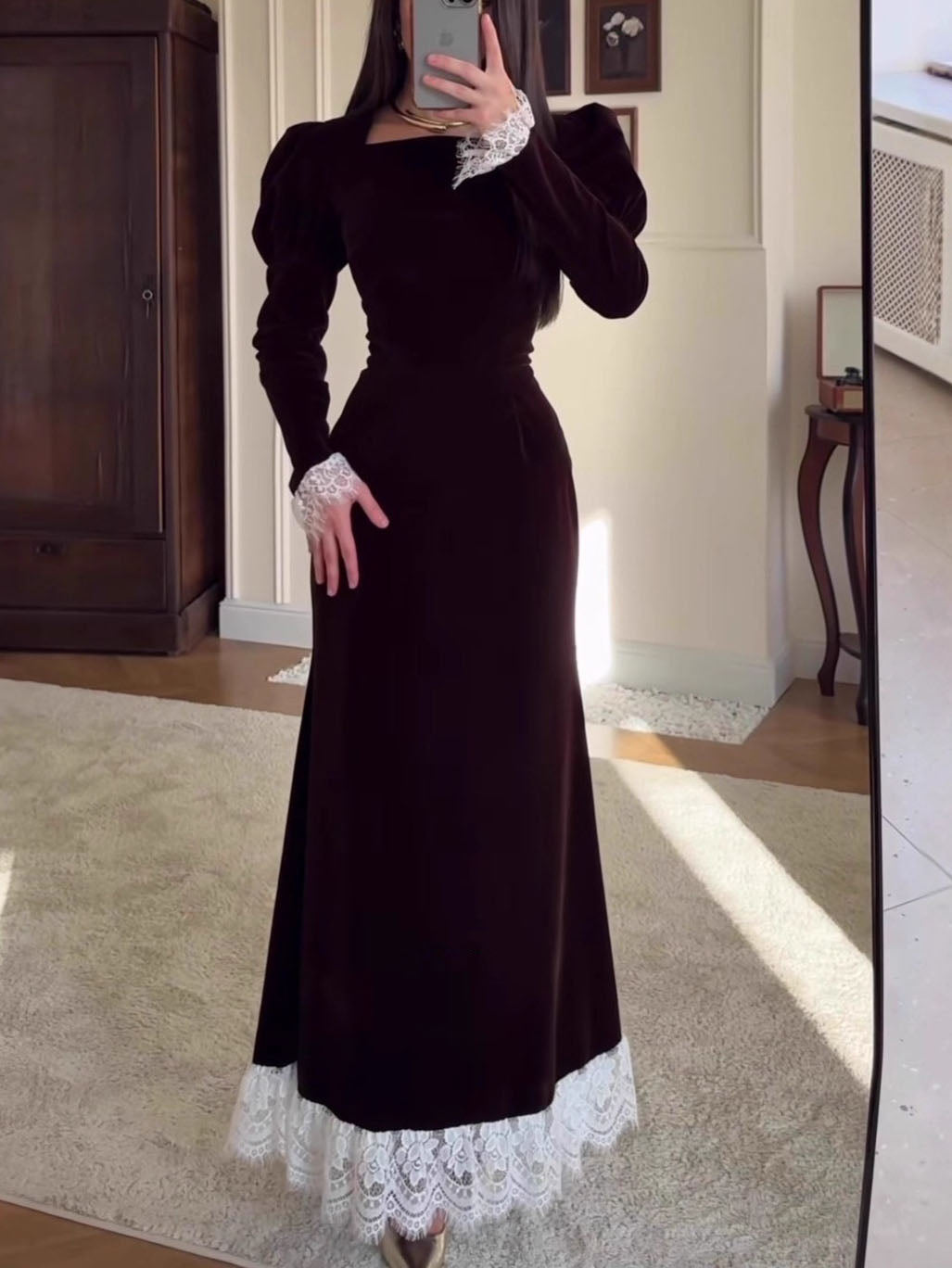 Square-Neck Velvet & Lace-Trimmed Maxi Dress