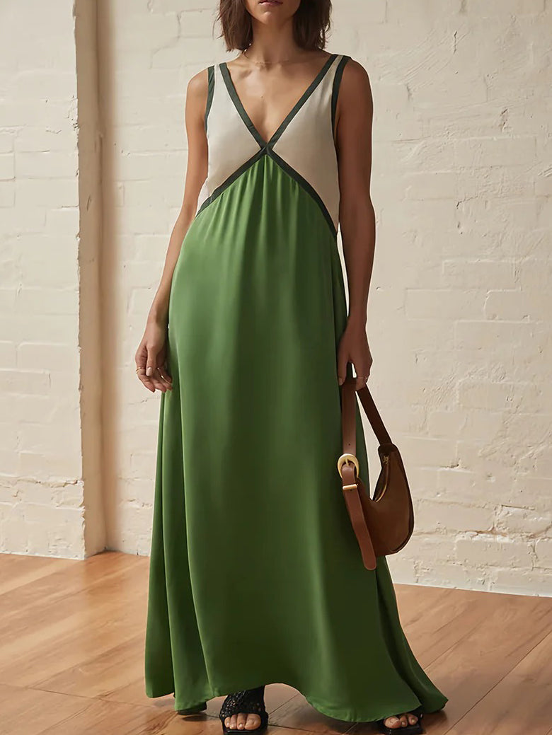 Color Block Sleeveless Backless Maxi Dress