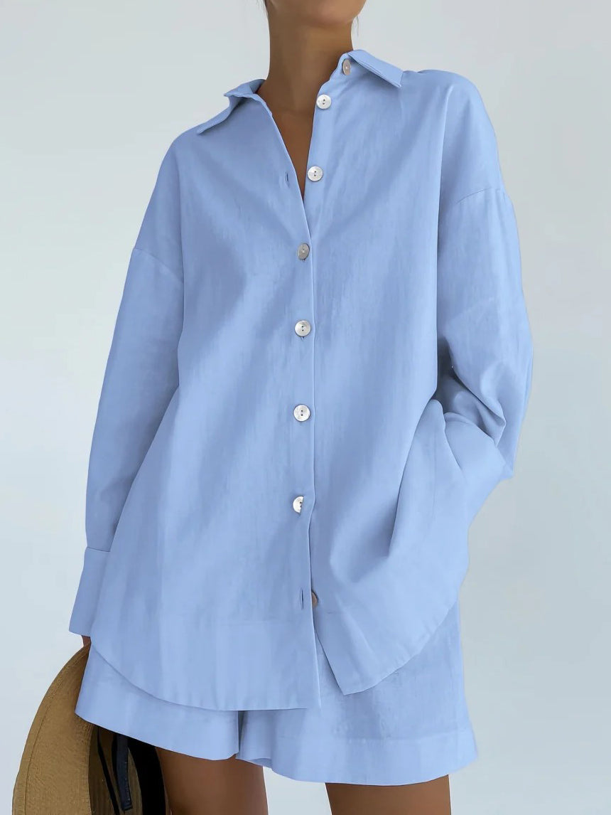 Turndown Collar Solid Long Sleeve Shorts Set