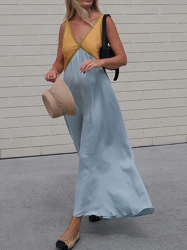Color Block Sleeveless Backless Maxi Dress