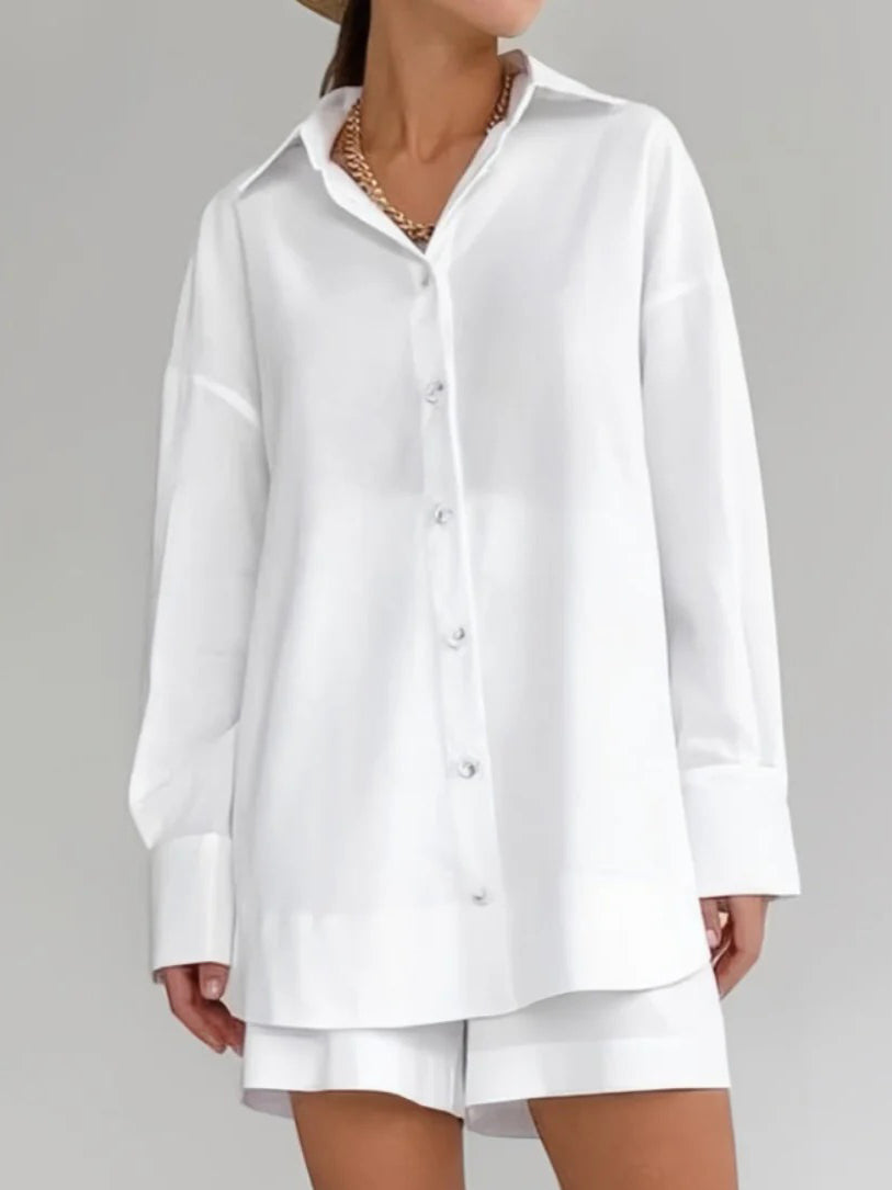 Turndown Collar Solid Long Sleeve Shorts Set