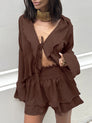 Flounce-Sleeve V-Neck Crop Top & Skirt Set