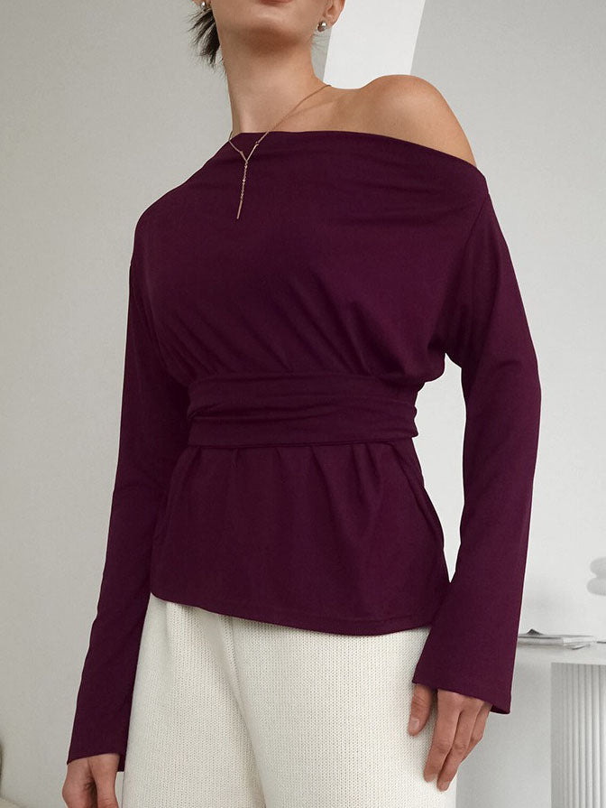 Asymmetric Shoulder Tie-Waist Long-Sleeve T-Shirt