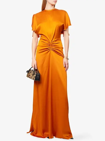Draped Short Sleeve Satin Maxi Dress